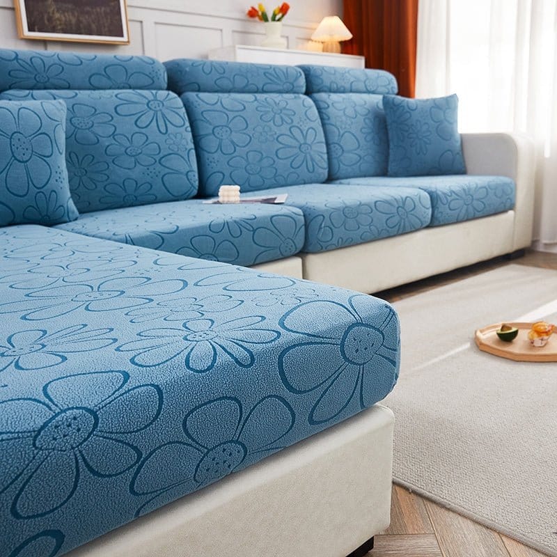 Housse polaire bleue, motif floral visible sur coussin d'assise