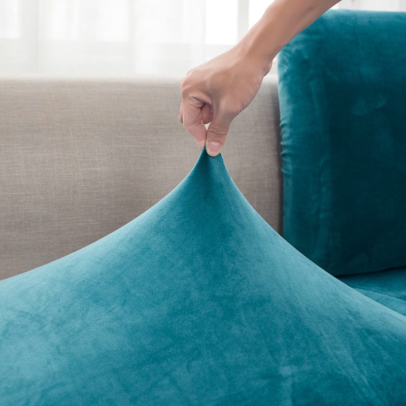 Housse en velours bleu, ajustée sur coussin de canapé
