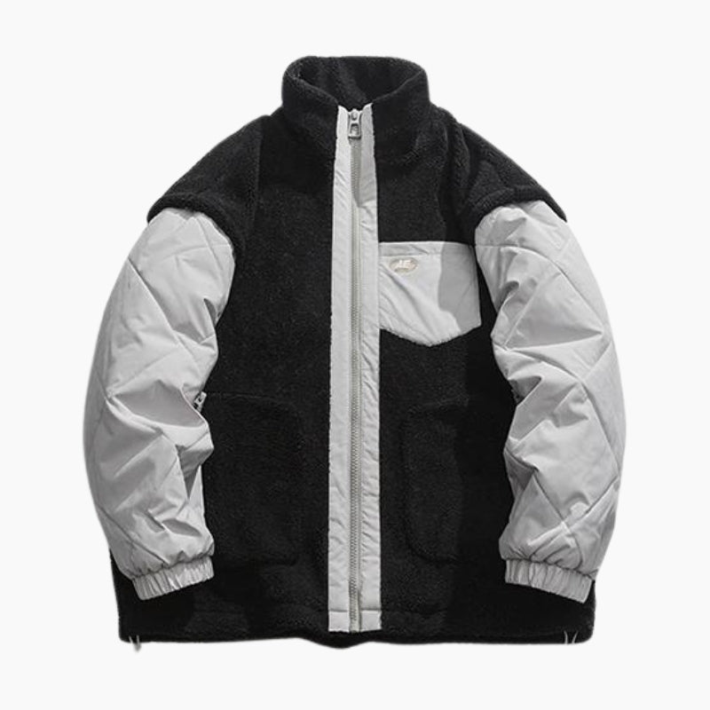 Détail du tissu Pilou Pilou du blouson bouclette noir et gris