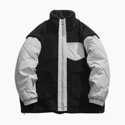 Détail du tissu Pilou Pilou du blouson bouclette noir et gris