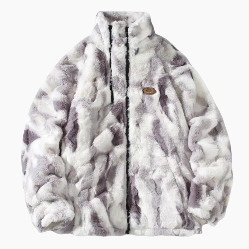 Détail du col montant et fermeture éclair du blouson gris