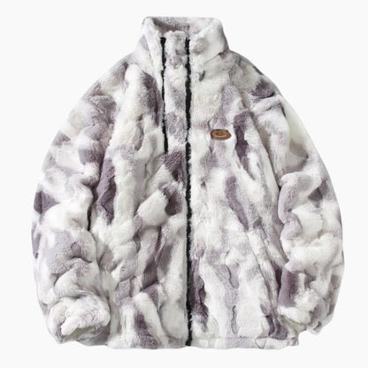Détail du col montant et fermeture éclair du blouson gris