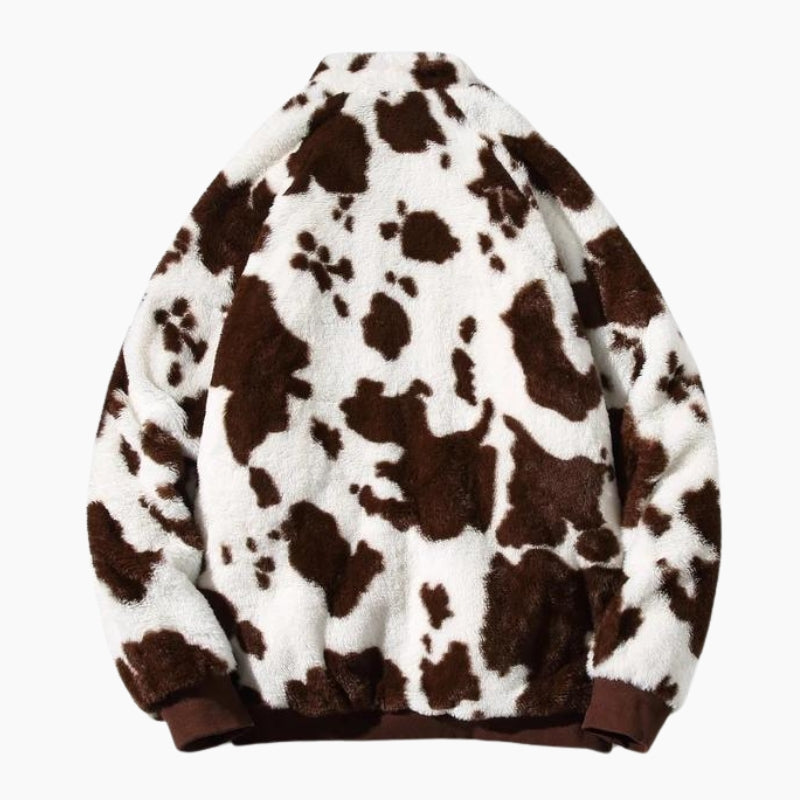 Blouson polaire épais homme, motif vache marron et blanc