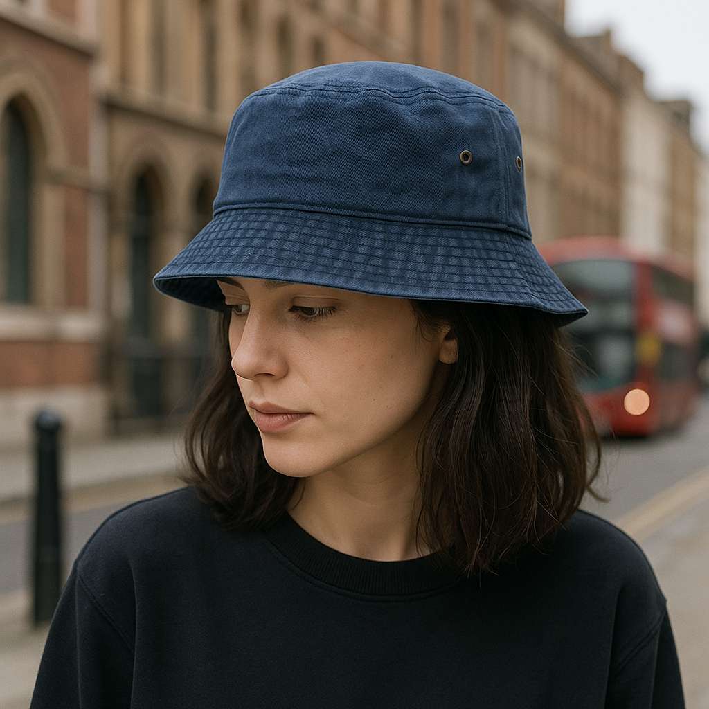 Femme portant un bob bleu en coton dans une rue de Londres