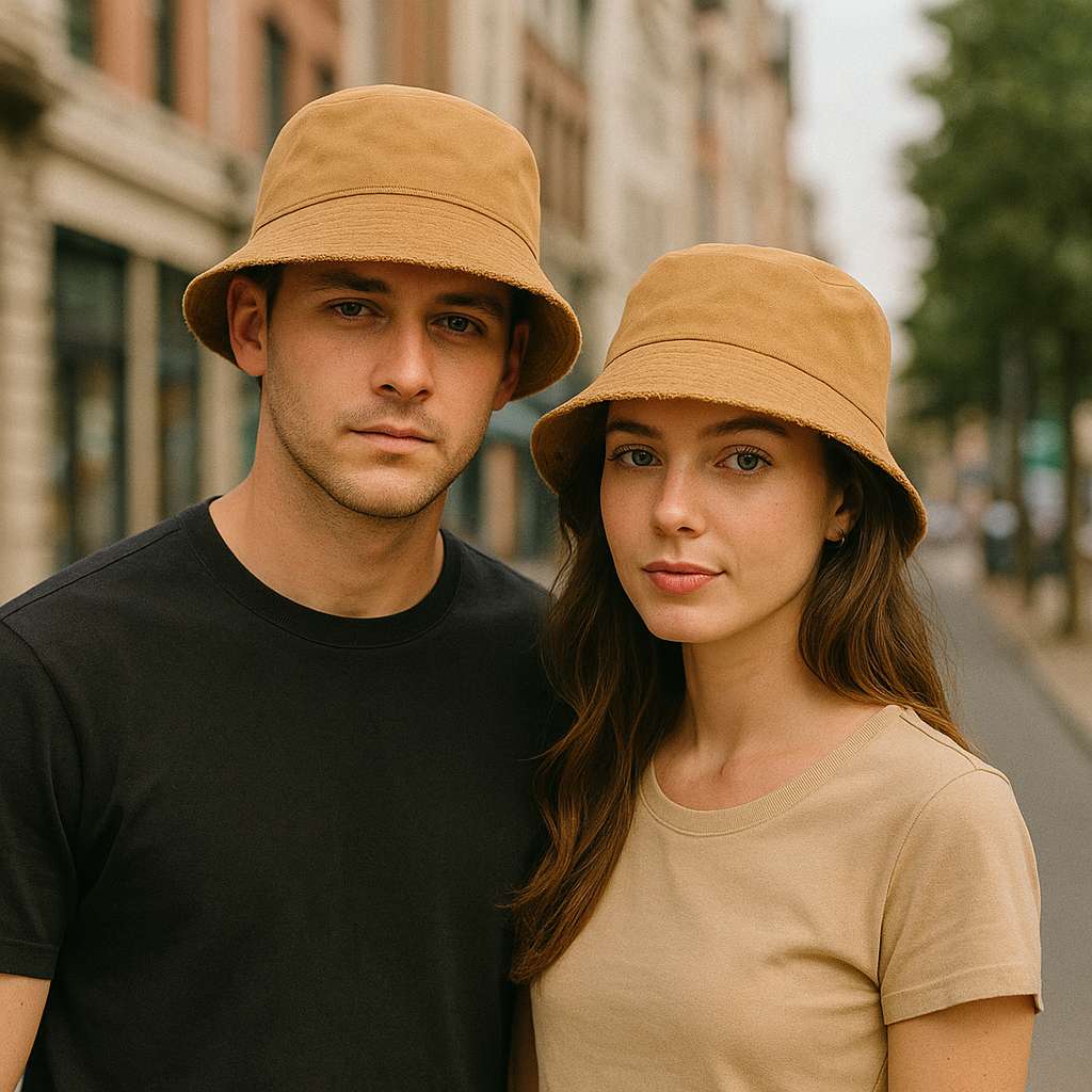 Couple portant des bobs camel en ville, style décontracté