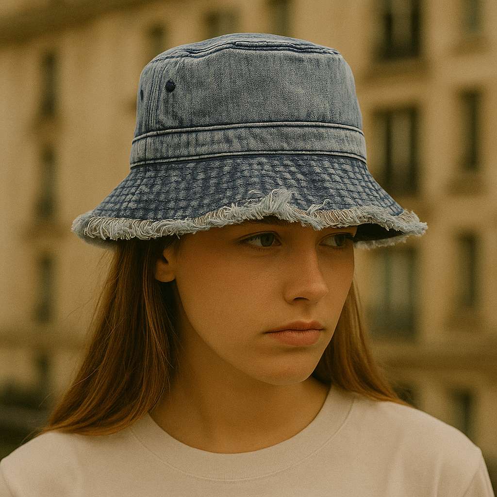 Femme portant un bob en jean dans un style streetwear