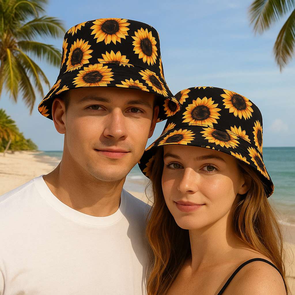 Couple portant des bobs à motifs tournesol sur la plage