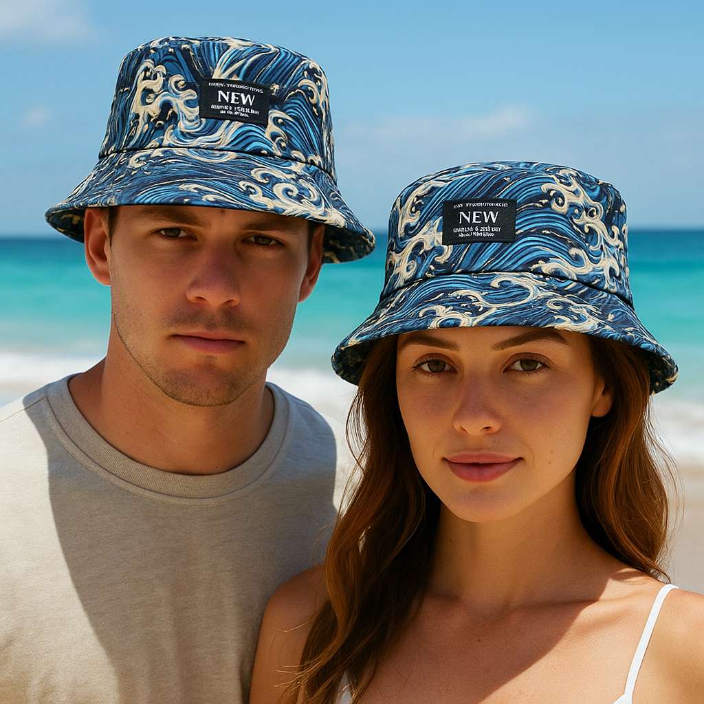 Couple portant des bobs sur une plage ensoleillée
