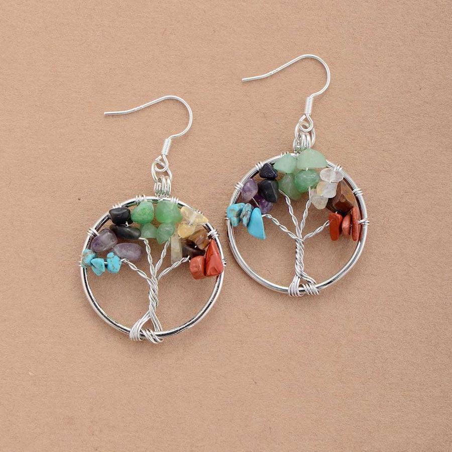 Boucles d'oreilles avec arbre de vie et pierres colorées