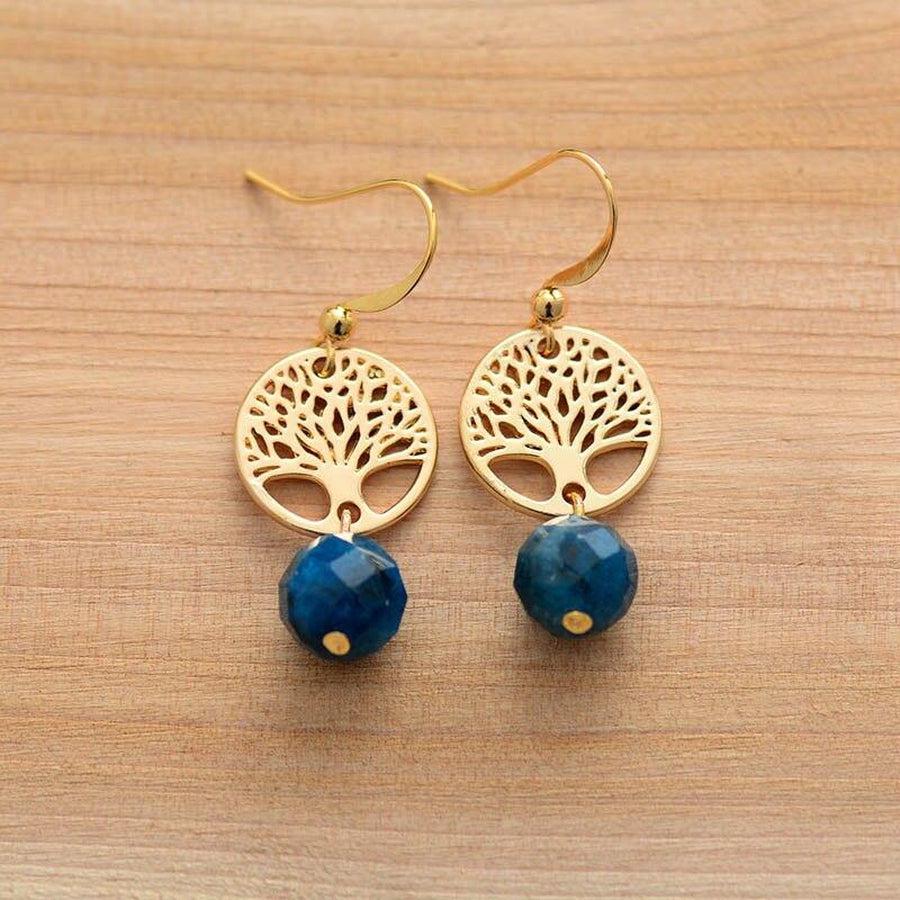 Boucles d'oreilles avec arbre de vie et apatite bleue