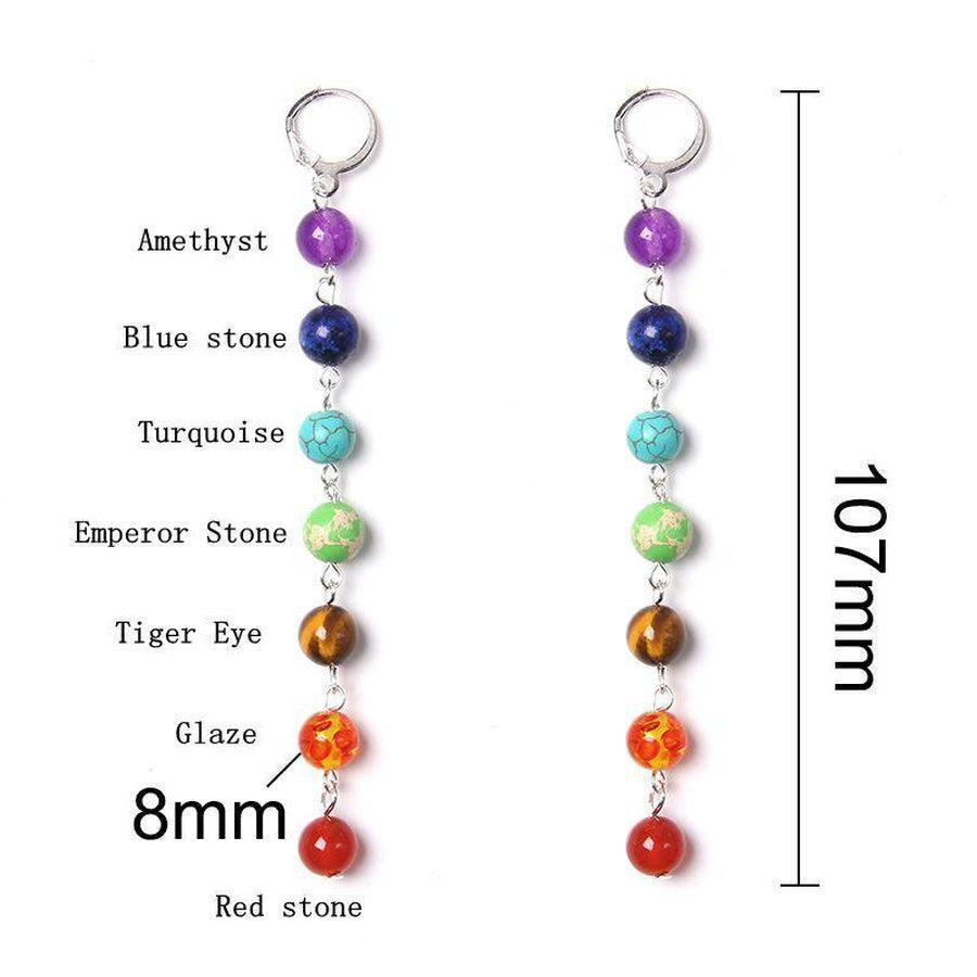 Boucles d'oreilles montrant les pierres alignées pour chaque chakra