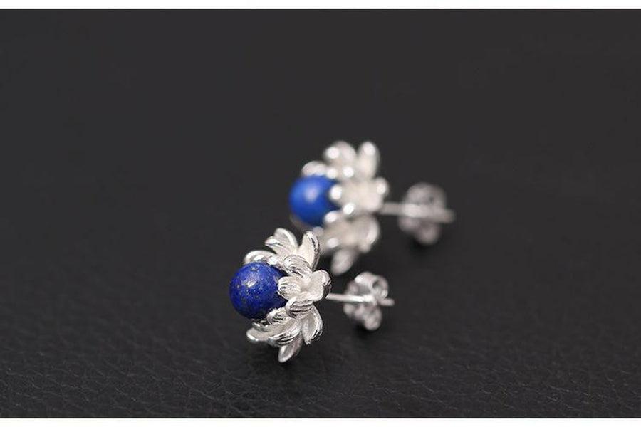 Boucles d'oreilles lotus argent avec perles lapis lazuli