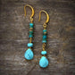 Vue rapprochée des boucles d'oreilles turquoise et dorées