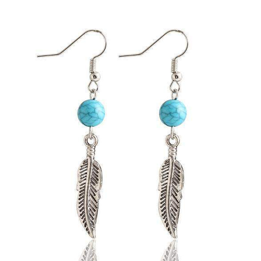 Boucles d'oreilles avec plume turquoise et perle suspendue