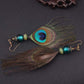 Boucles d'oreilles avec plumes de paon colorées en gros plan