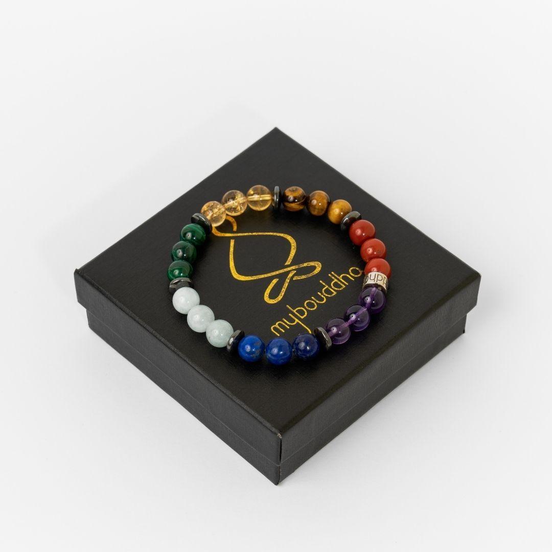 Gros plan sur les pierres énergétiques du bracelet chakras