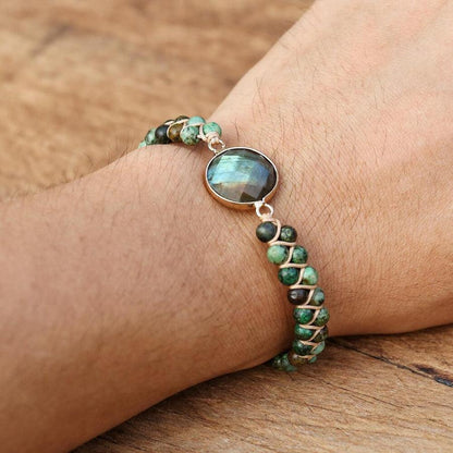Gros plan sur les pierres de labradorite et le cordon