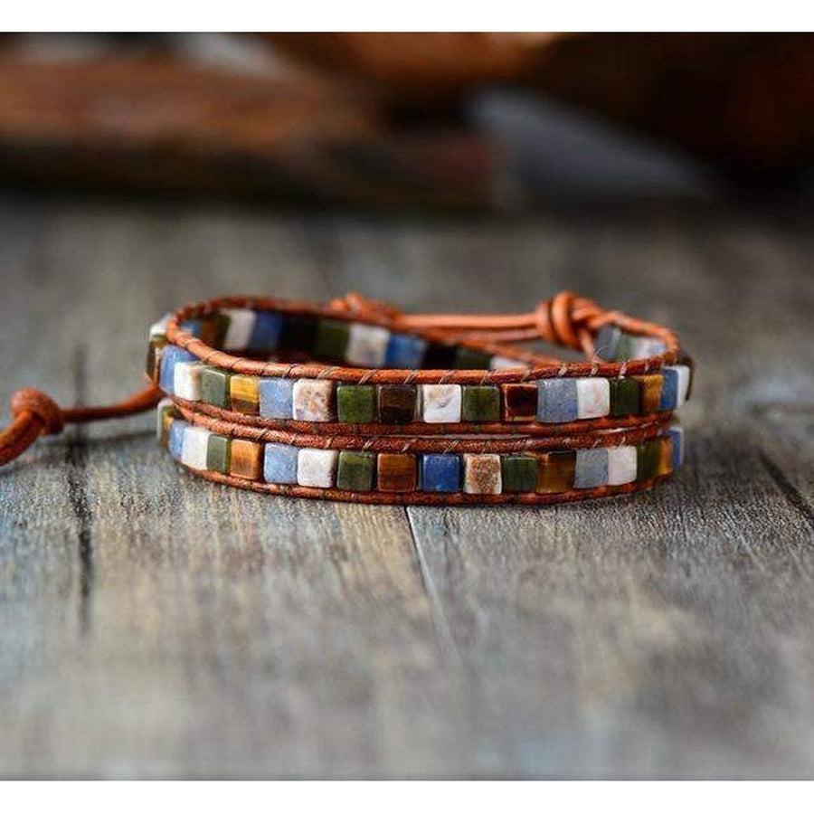 Bracelet en cuir avec pierres d'agate carrées colorées