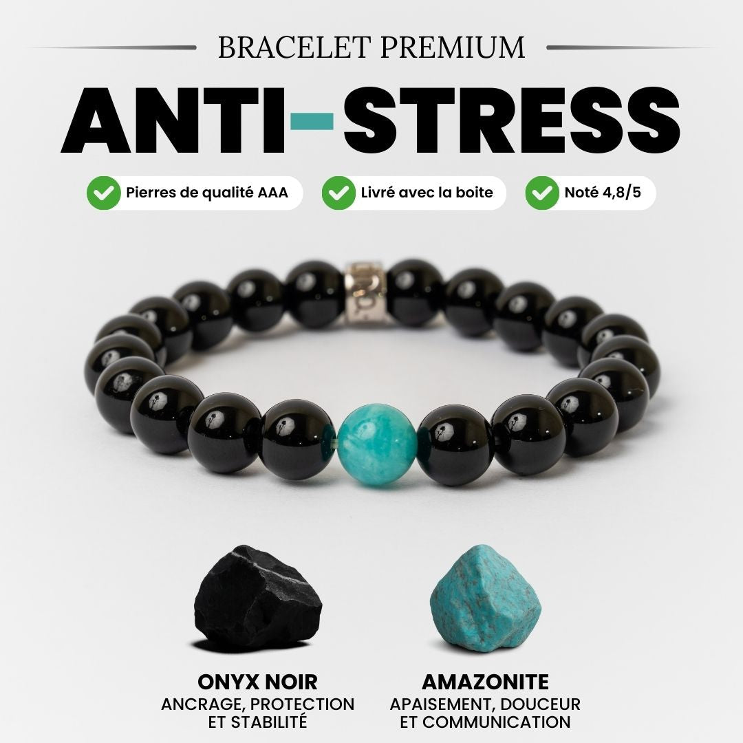 Bracelet en onyx noir et amazonite sur fond blanc