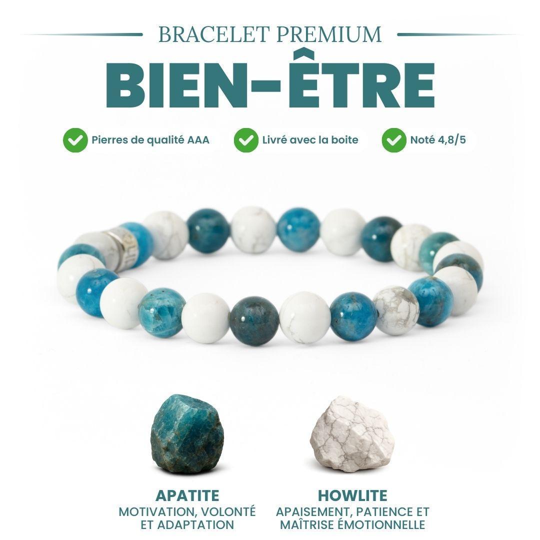 Bracelet en pierres naturelles Apatite et Howlite sur fond blanc