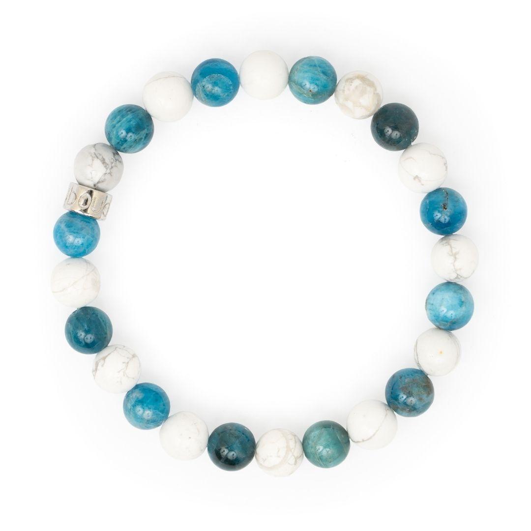 Détail des pierres Apatite et Howlite du bracelet bien-être