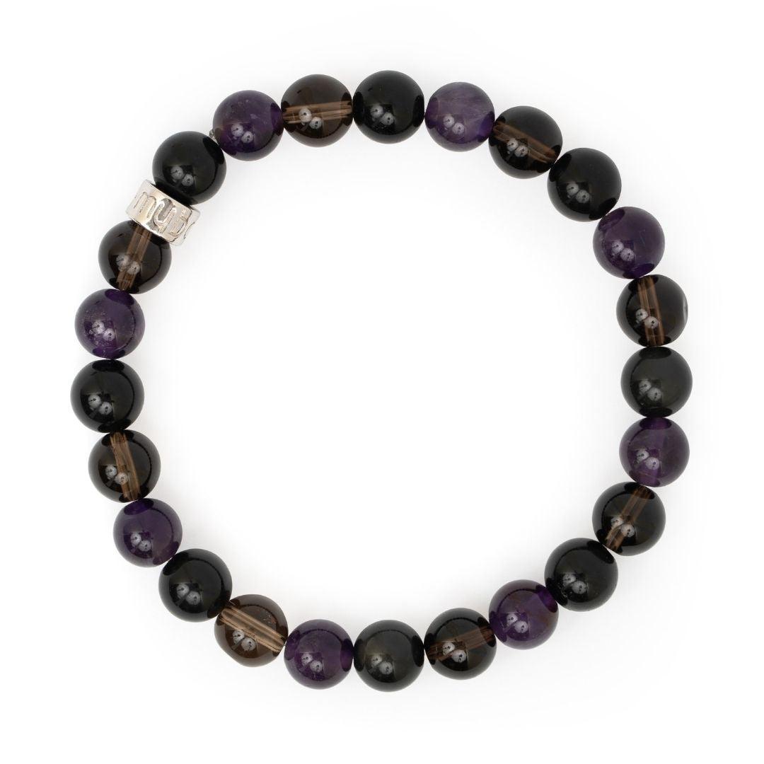 Détail des pierres d'obsidienne, quartz fumé et améthyste