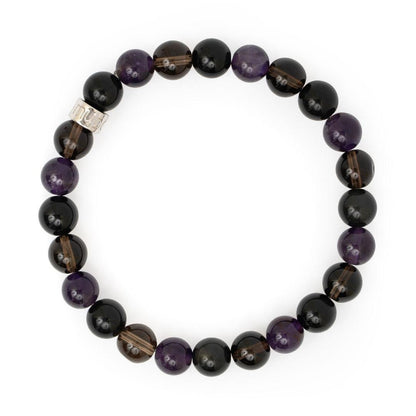 Détail des pierres d'obsidienne, quartz fumé et améthyste