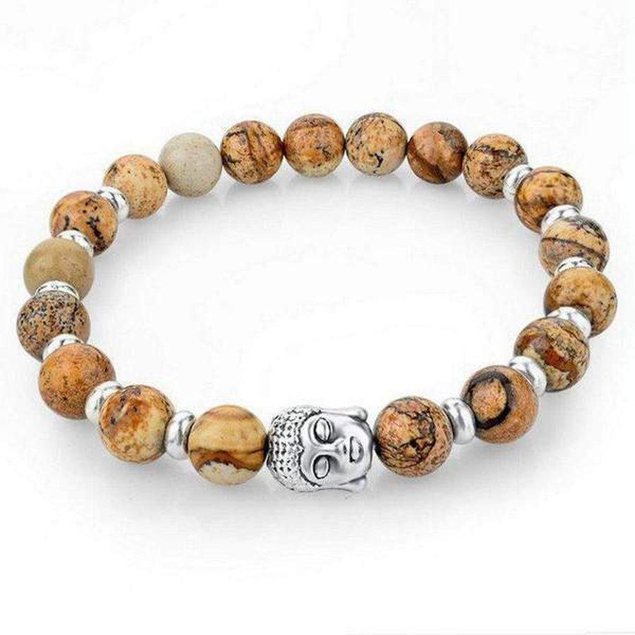 Bracelet jaspe moucheté avec tête de bouddha en métal