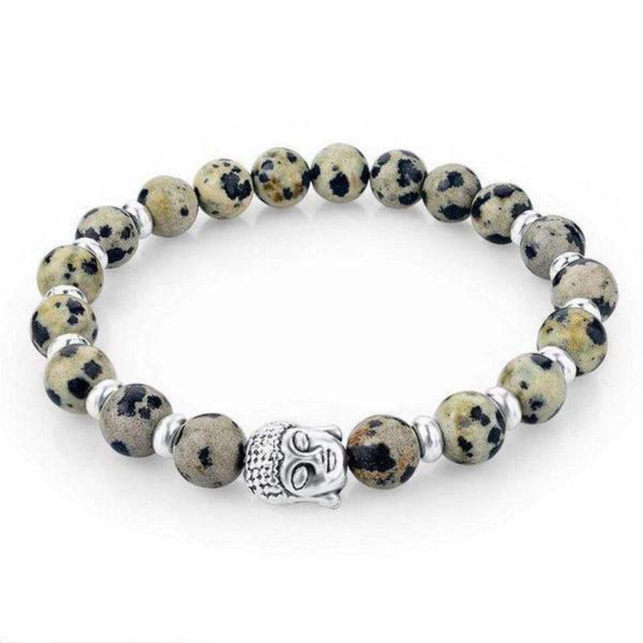Bracelet jaspe dalmatien avec tête de Bouddha en gros plan