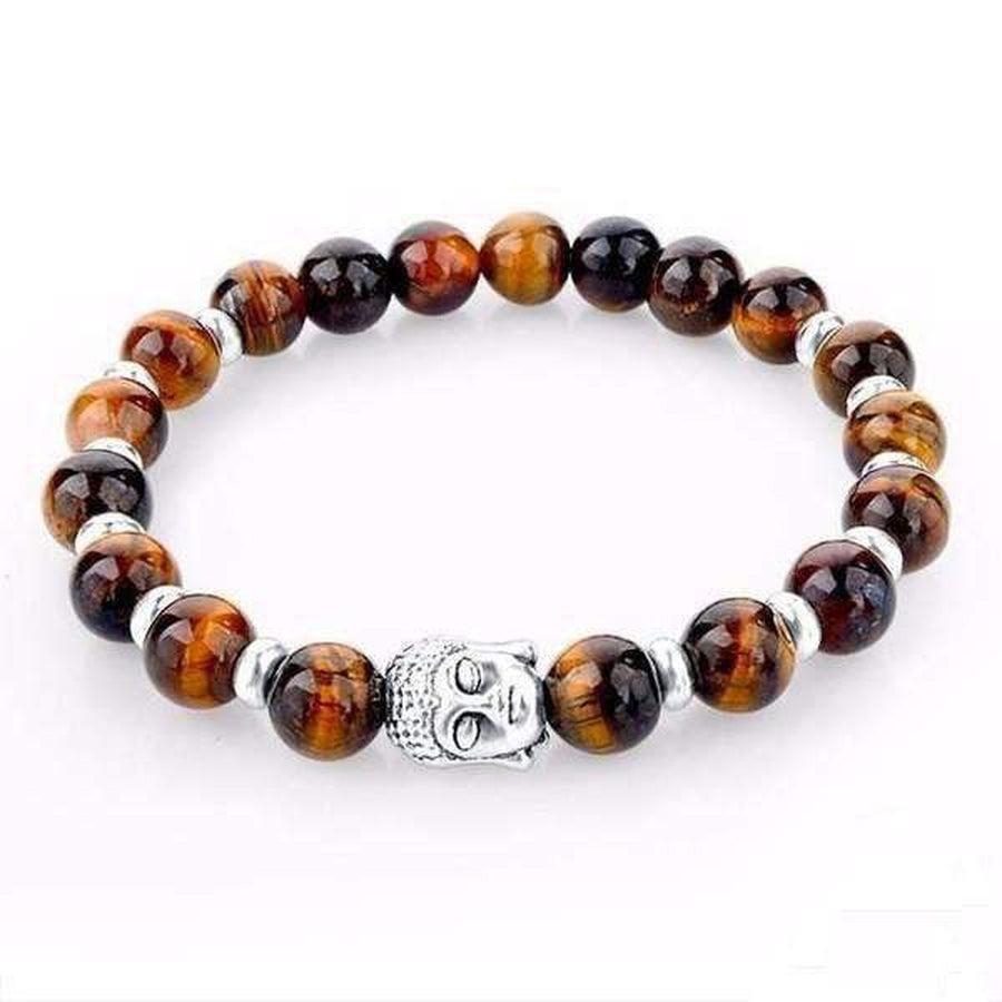 Gros plan sur perles d'Œil de Tigre et Bouddha