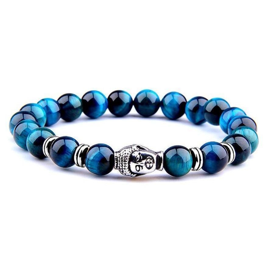 Vue latérale du bracelet Bouddha, pierres bleues et élastique