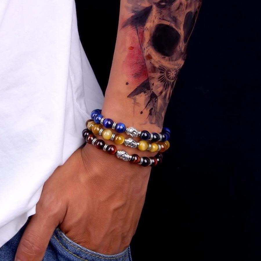 Bracelet avec perles œil de tigre jaune et tête de Bouddha
