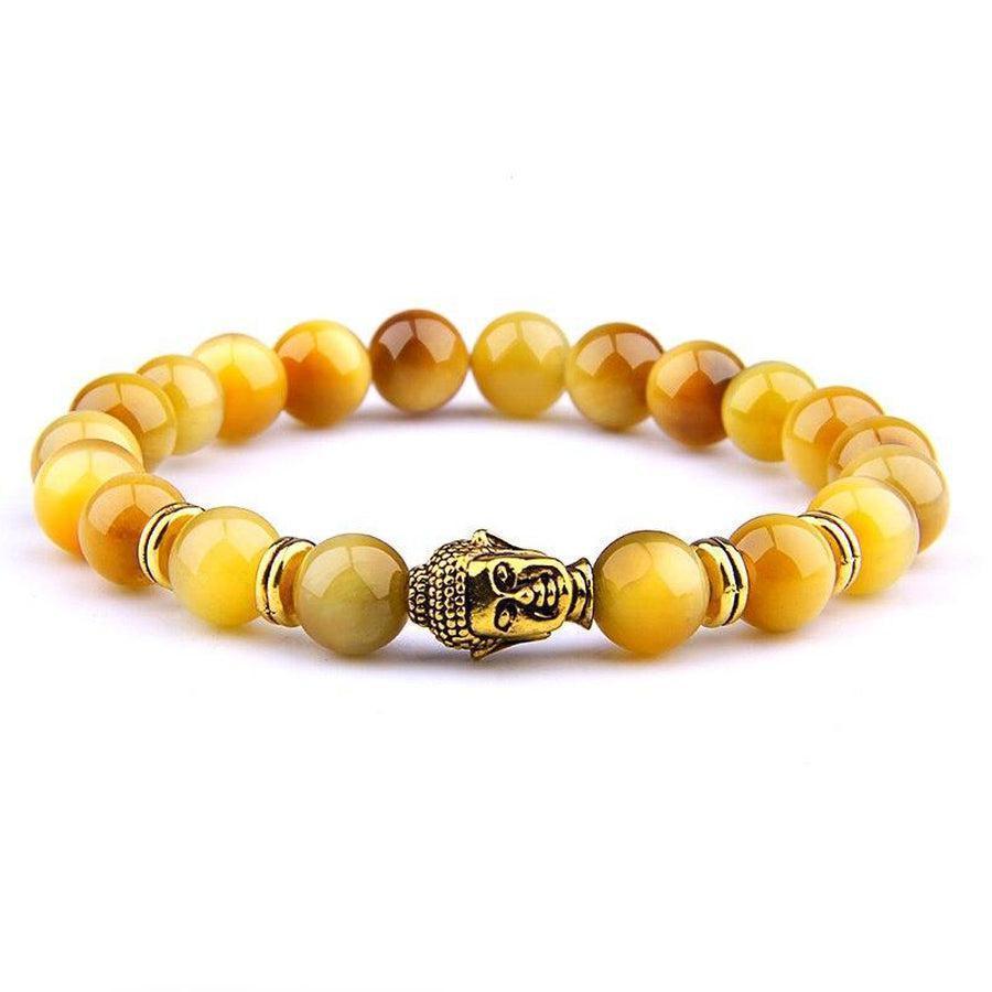 Vue d'ensemble du bracelet Bouddha en œil de tigre jaune