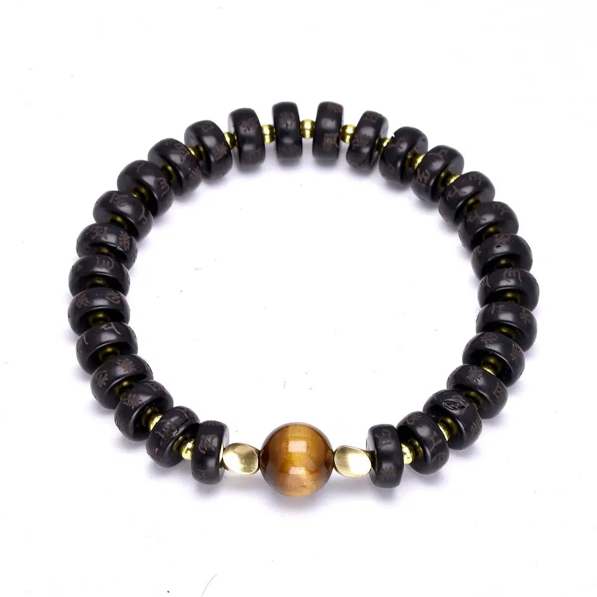 Bracelet avec perles coco gravées et œil de tigre central