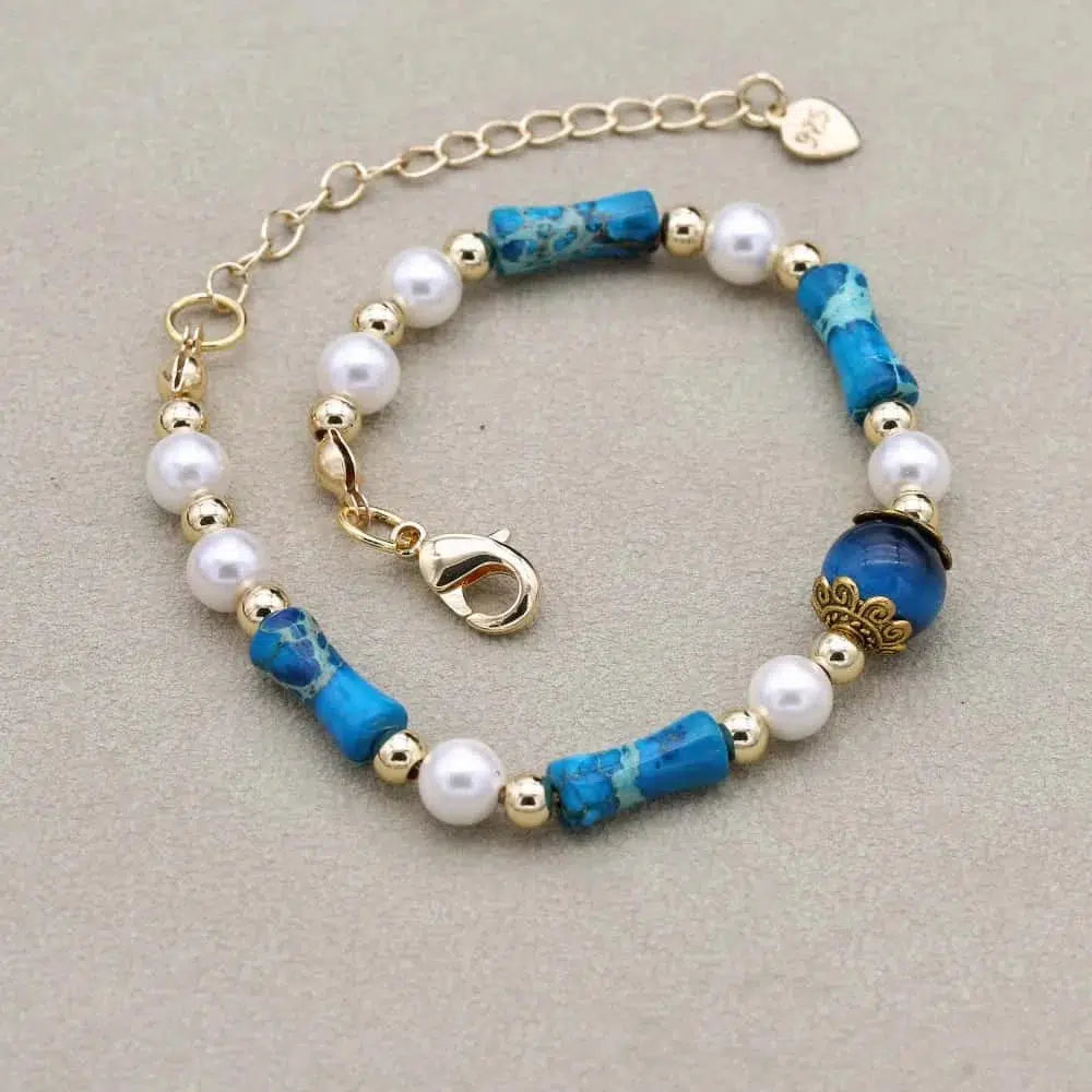 Bracelet avec perles de Jaspe impérial bleu et détails dorés