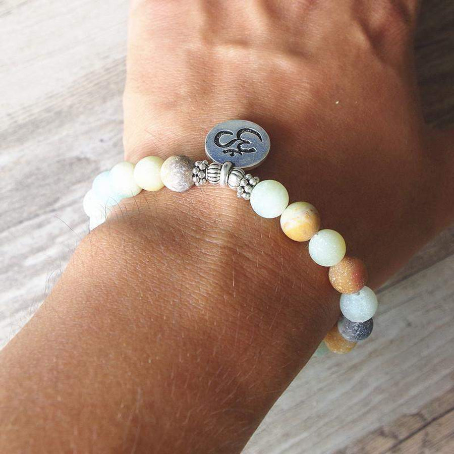 Bracelet amazonite avec charm fleur de Lotus en alliage