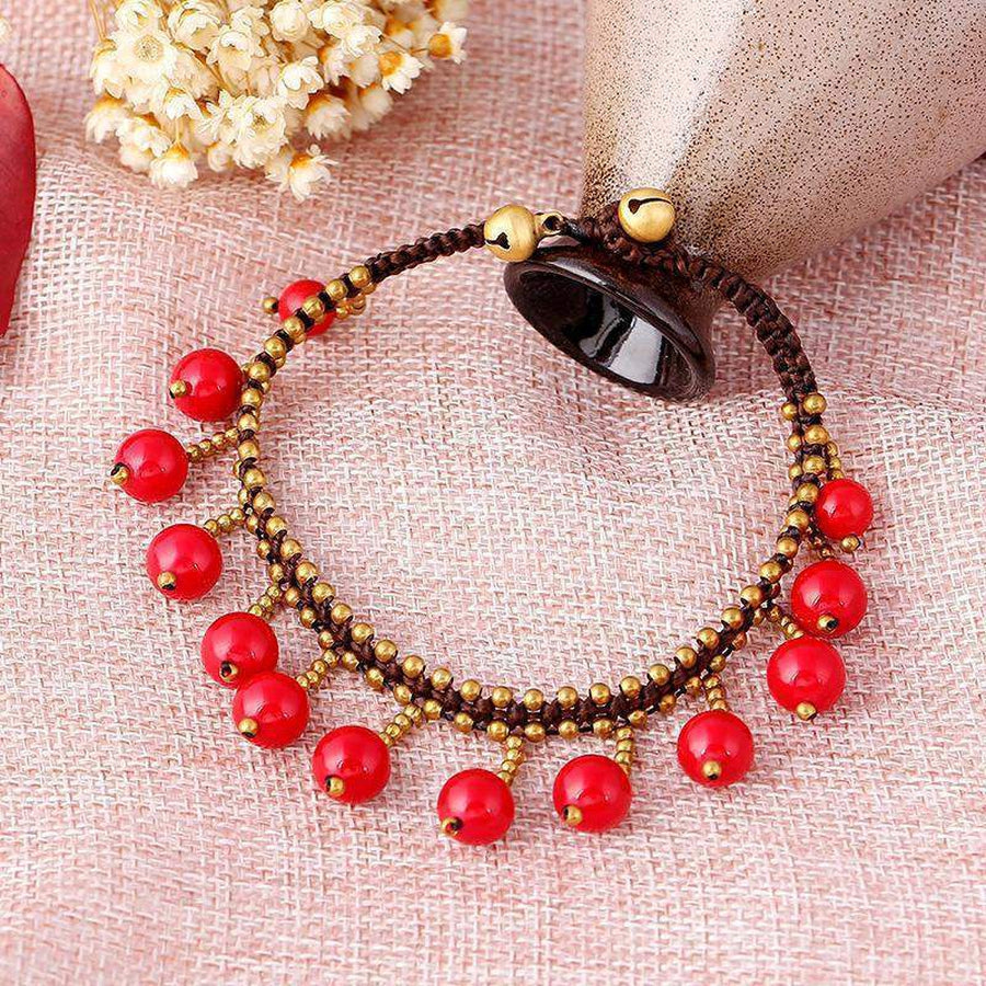 Bracelet de cheville en corail rouge et cuivre antique