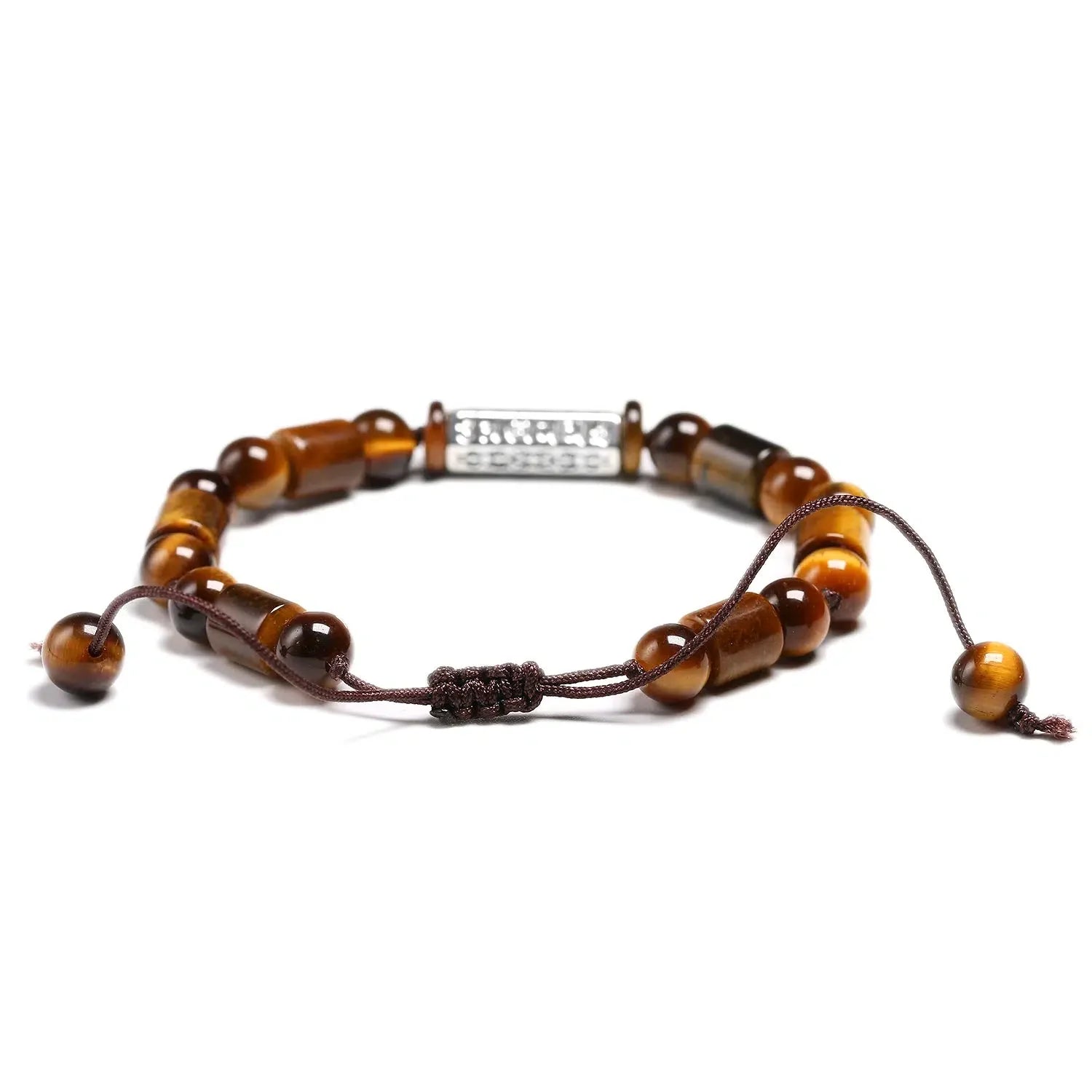 Bracelet bouddhiste en Œil de tigre avec perle Om vue de côté