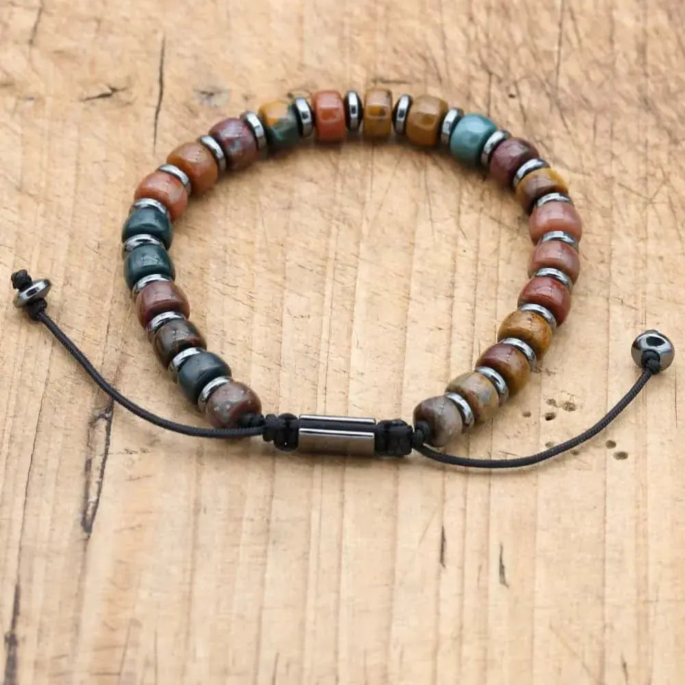 Bracelet en Jaspe Océan et Hématite sur fond blanc