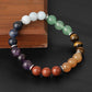 Bracelet chakras étalé montrant les différentes pierres
