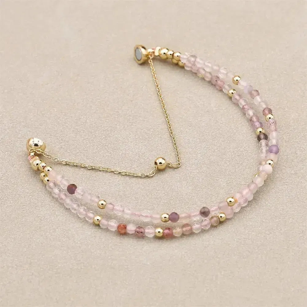 Bracelet double rangs en cristal rose et perles dorées