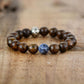 Gros plan sur les pierres brunes du bracelet extensible