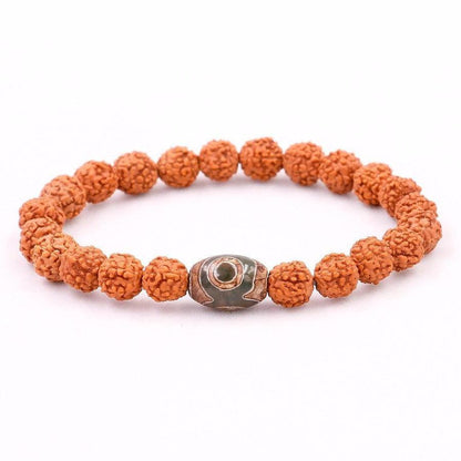 Bracelet spirituel en Rudraksha et pierre tibétaine Dzi