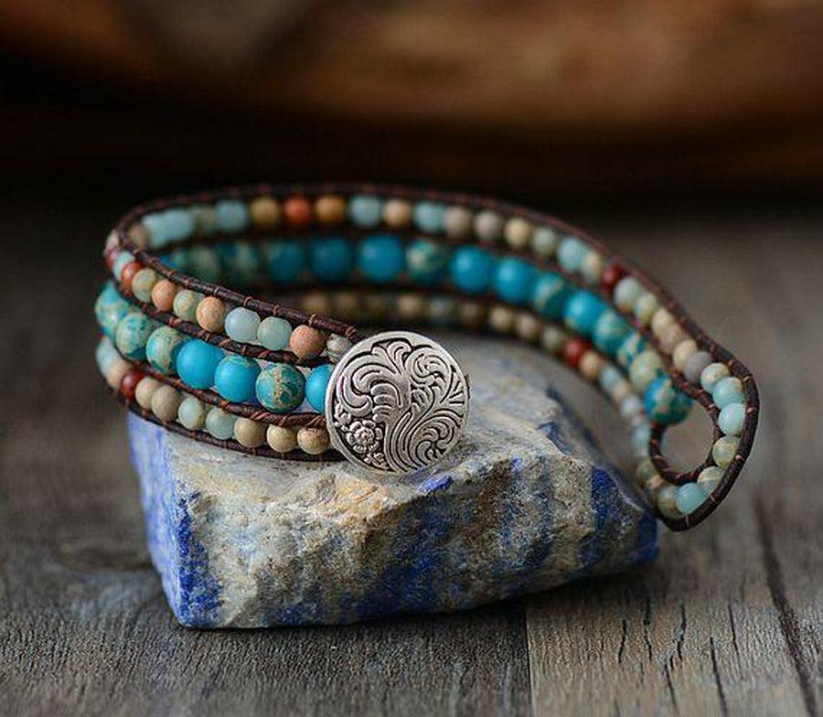 Bracelet en jaspe avec trois rangs de perles colorées