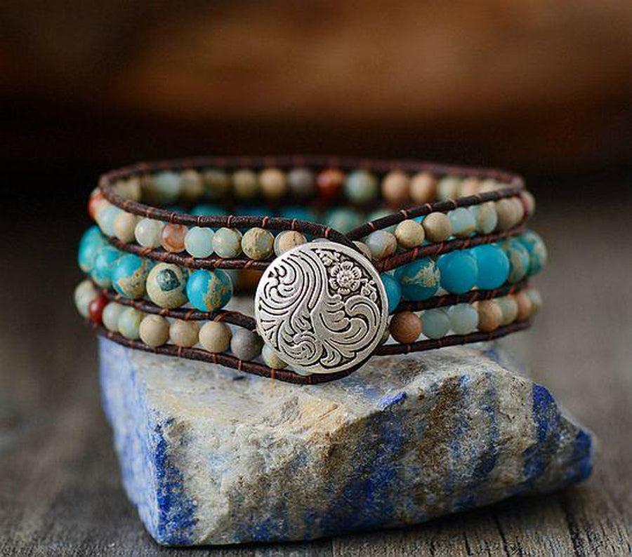Bracelet ethnique en jaspe, cuir et acier, style manchette