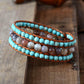Bracelet manchette en perles turquoise et jaspe sur cuir