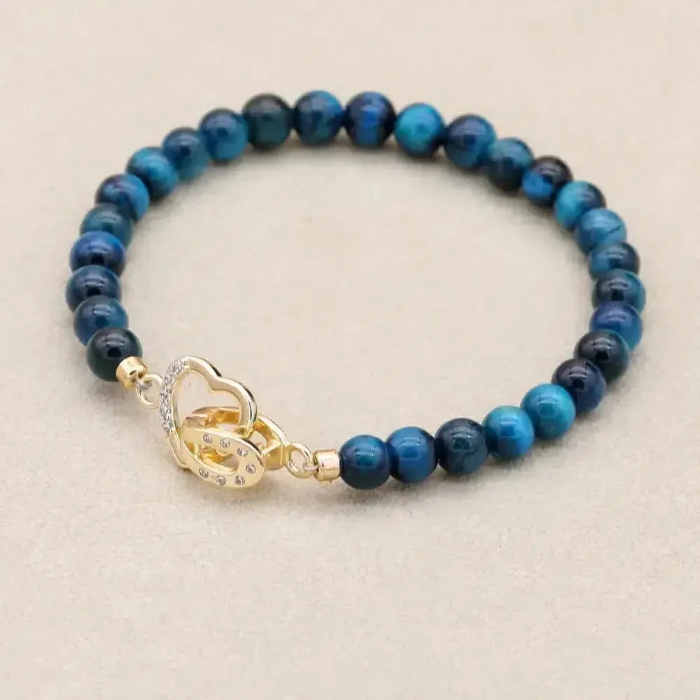 Bracelet en perles d'œil de tigre bleu avec fermoir cœur en cuivre