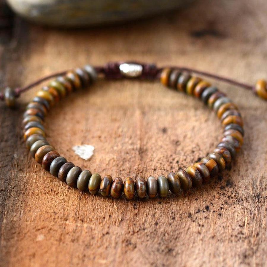 Bracelet en jaspe avec perles disque sur cuir marron