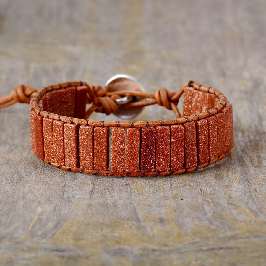 Bracelet en cuir avec pierres de sable et arbre de vie gravé