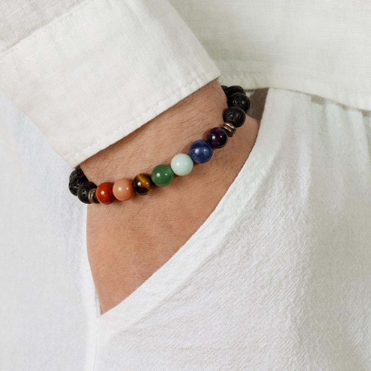 Bracelet coloré avec pierres des 7 chakras sur fond blanc